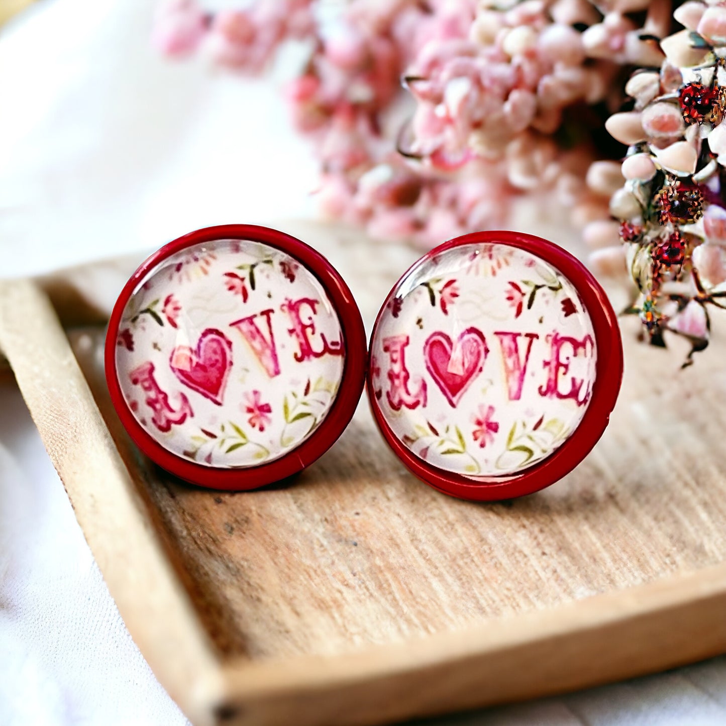 Pink Floral & Heart Red Stud Earrings: Expressive Accents with the Word 'Love’