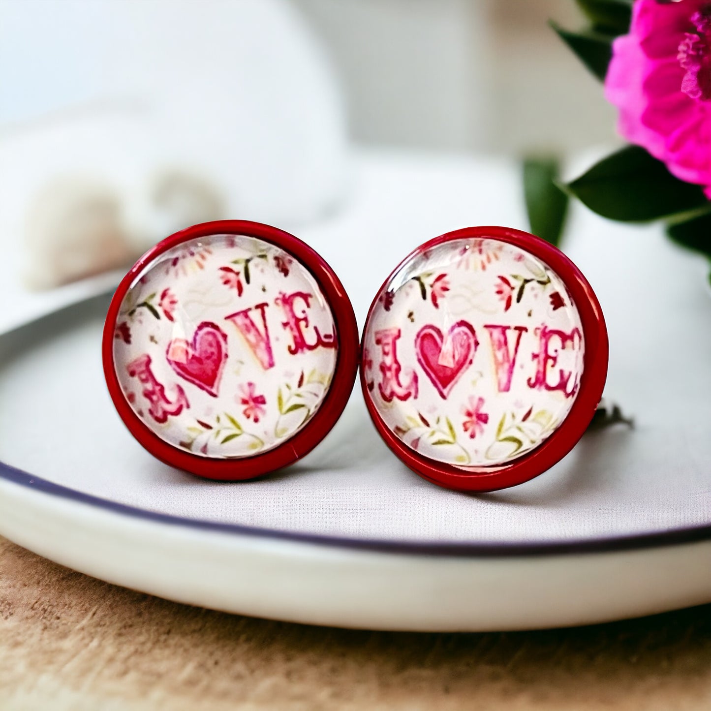 Pink Floral & Heart Red Stud Earrings: Expressive Accents with the Word 'Love’