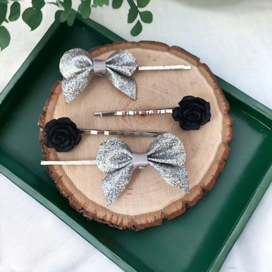 Silver Bow & Black Rose Hair Pin Set: Elegant Accents for Stylish Hairdos