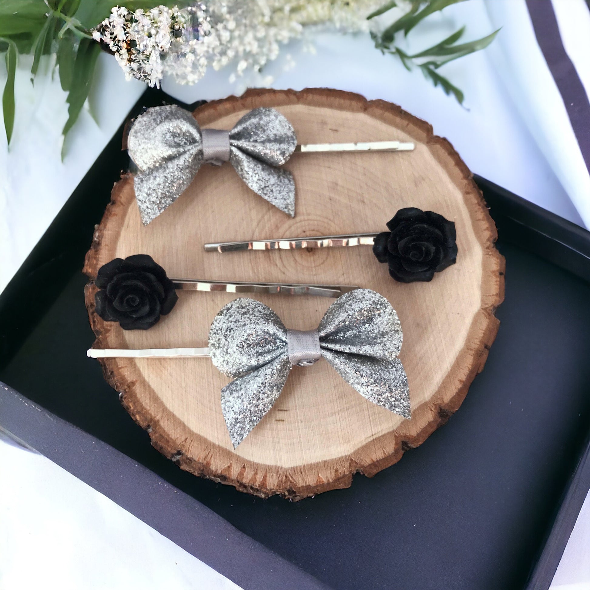 Silver Bow & Black Rose Hair Pin Set: Elegant Accents for Stylish Hairdos