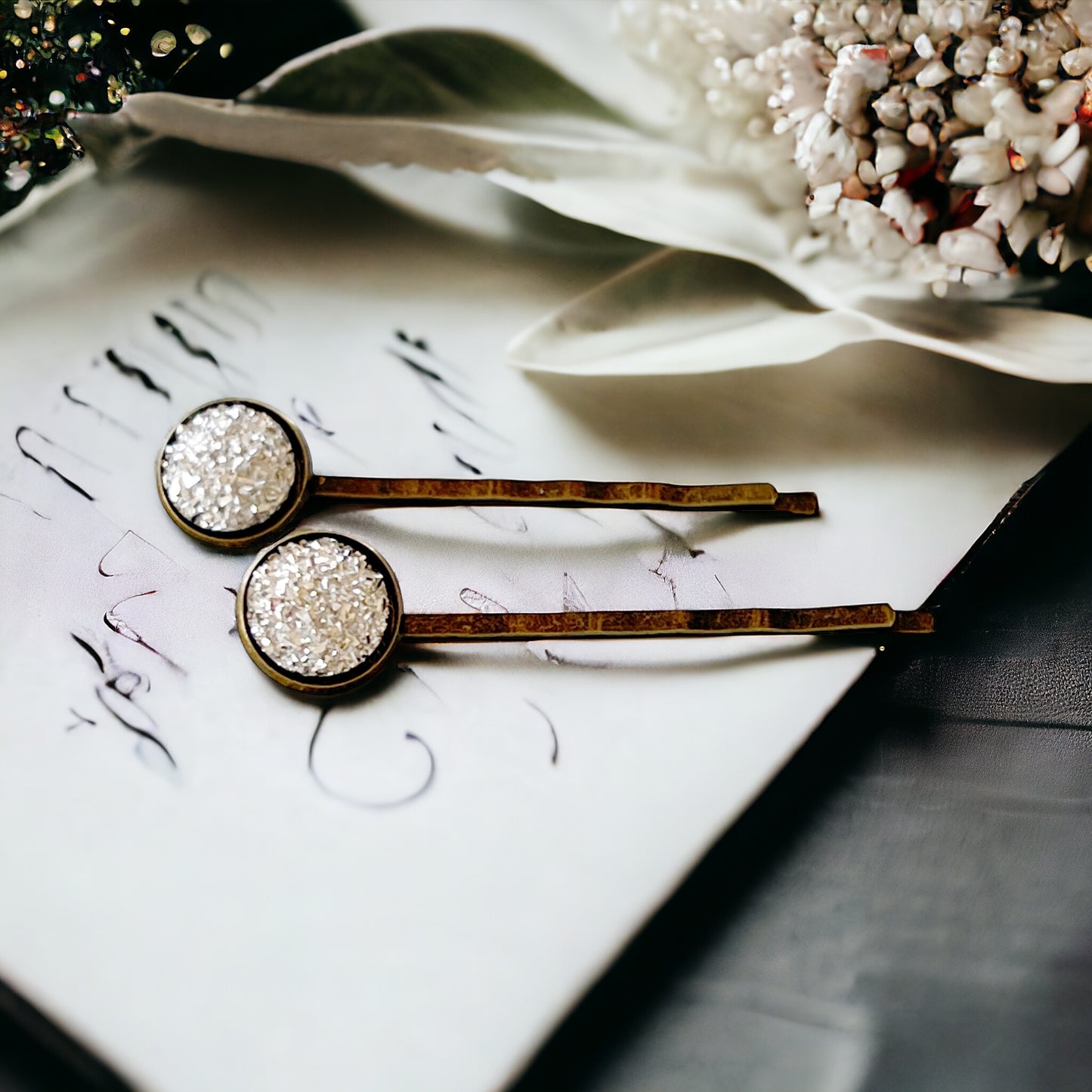 Silver Druzy Brass Hair Pins: Sparkling Accents for Sophisticated Hairstyles