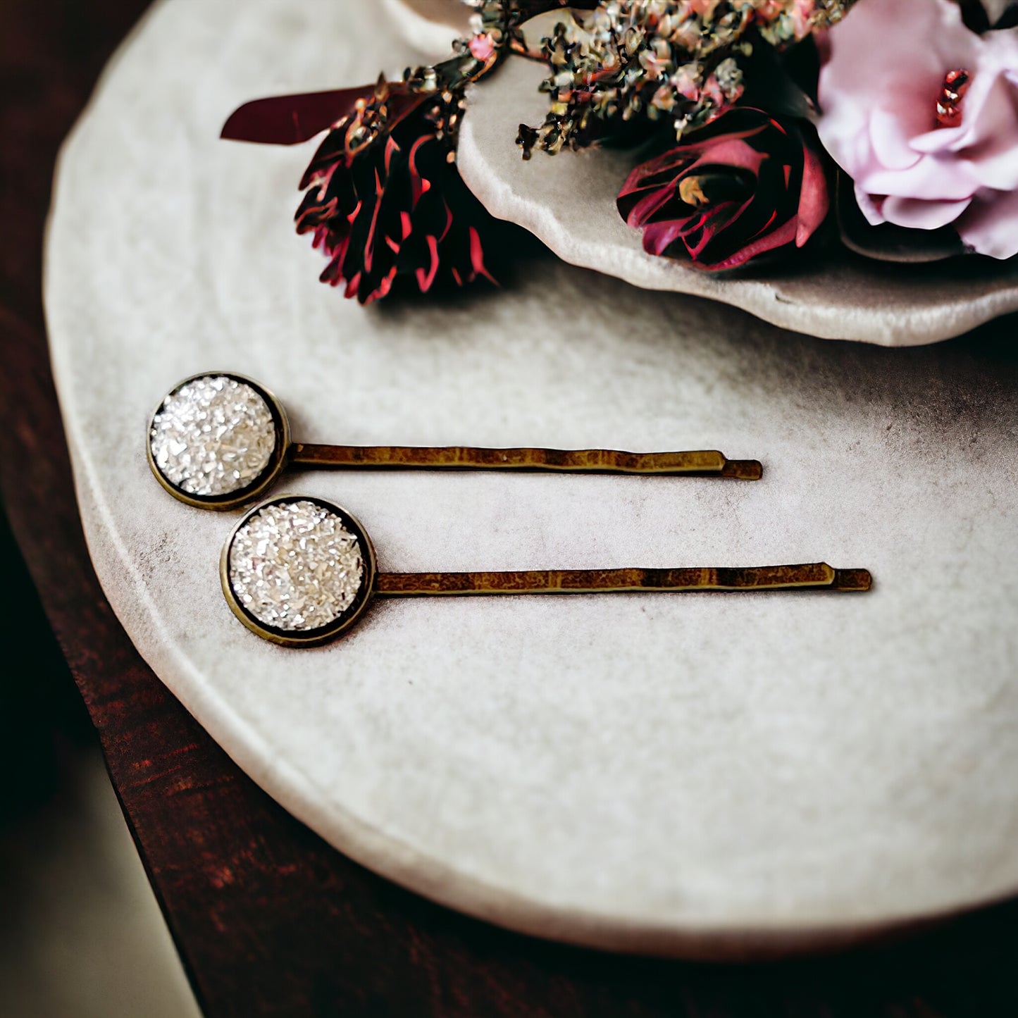 Silver Druzy Brass Hair Pins: Sparkling Accents for Sophisticated Hairstyles