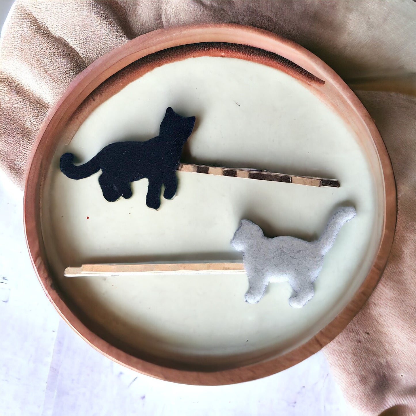 Black & Gray Felted Cat Hair Pins - Quirky Accessories for Feline-Inspired Hairstyles