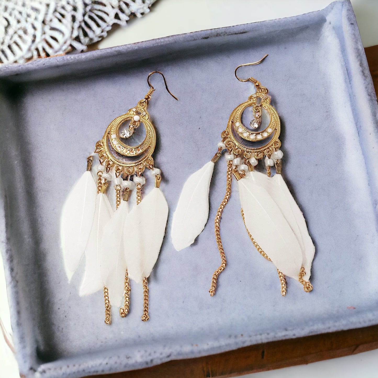 White Feather Dangle Earrings – Boho Chic Chain Jewelry