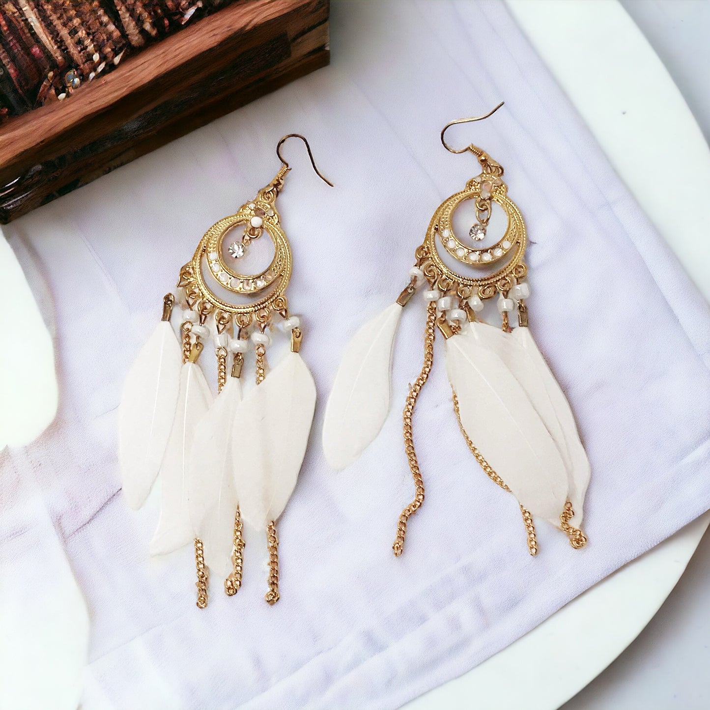 White Feather Dangle Earrings – Boho Chic Chain Jewelry