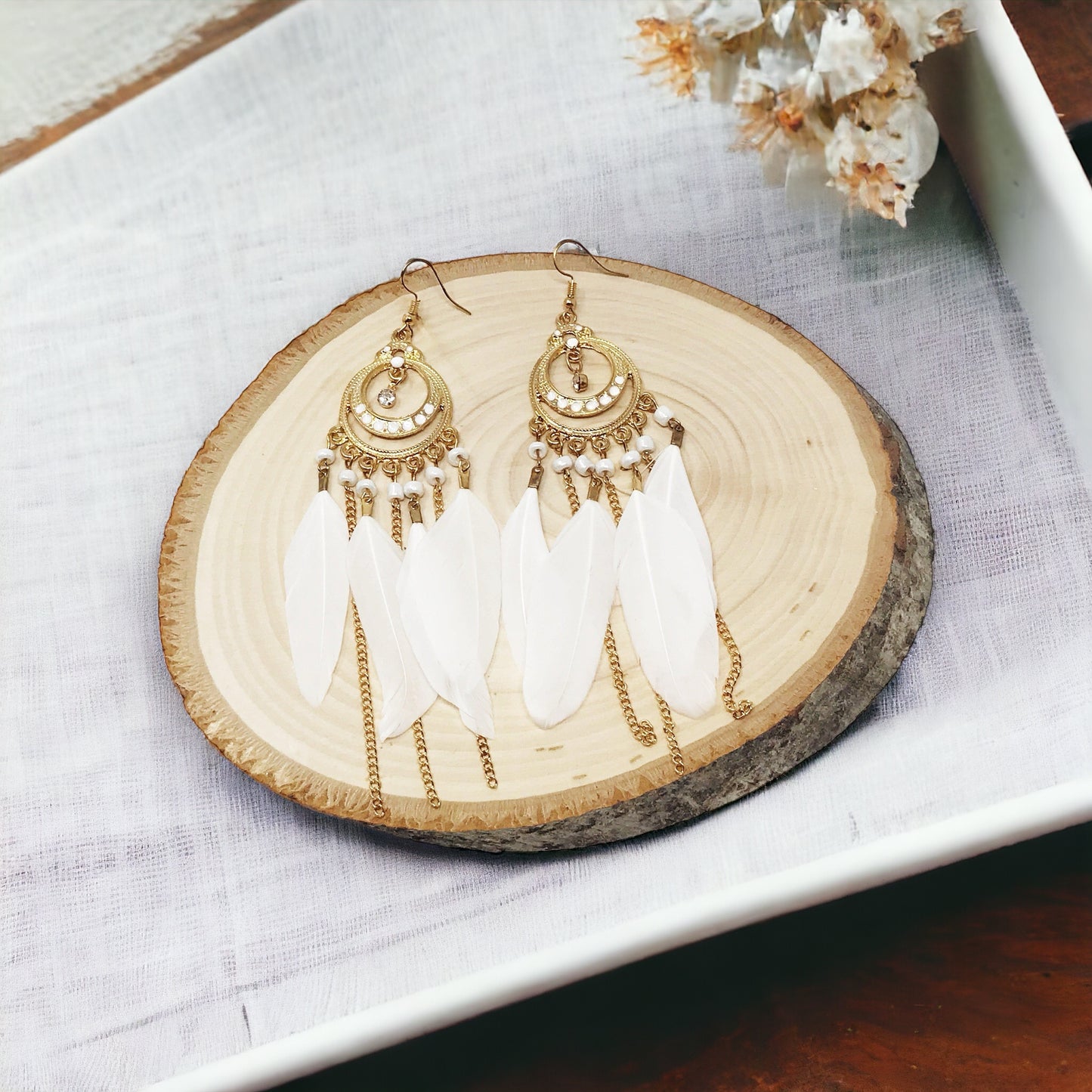 White Feather Dangle Earrings – Boho Chic Chain Jewelry