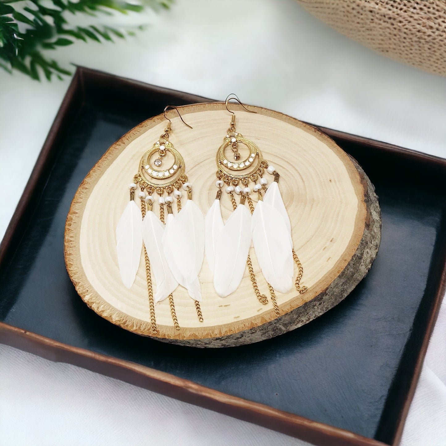 White Feather Dangle Earrings – Boho Chic Chain Jewelry
