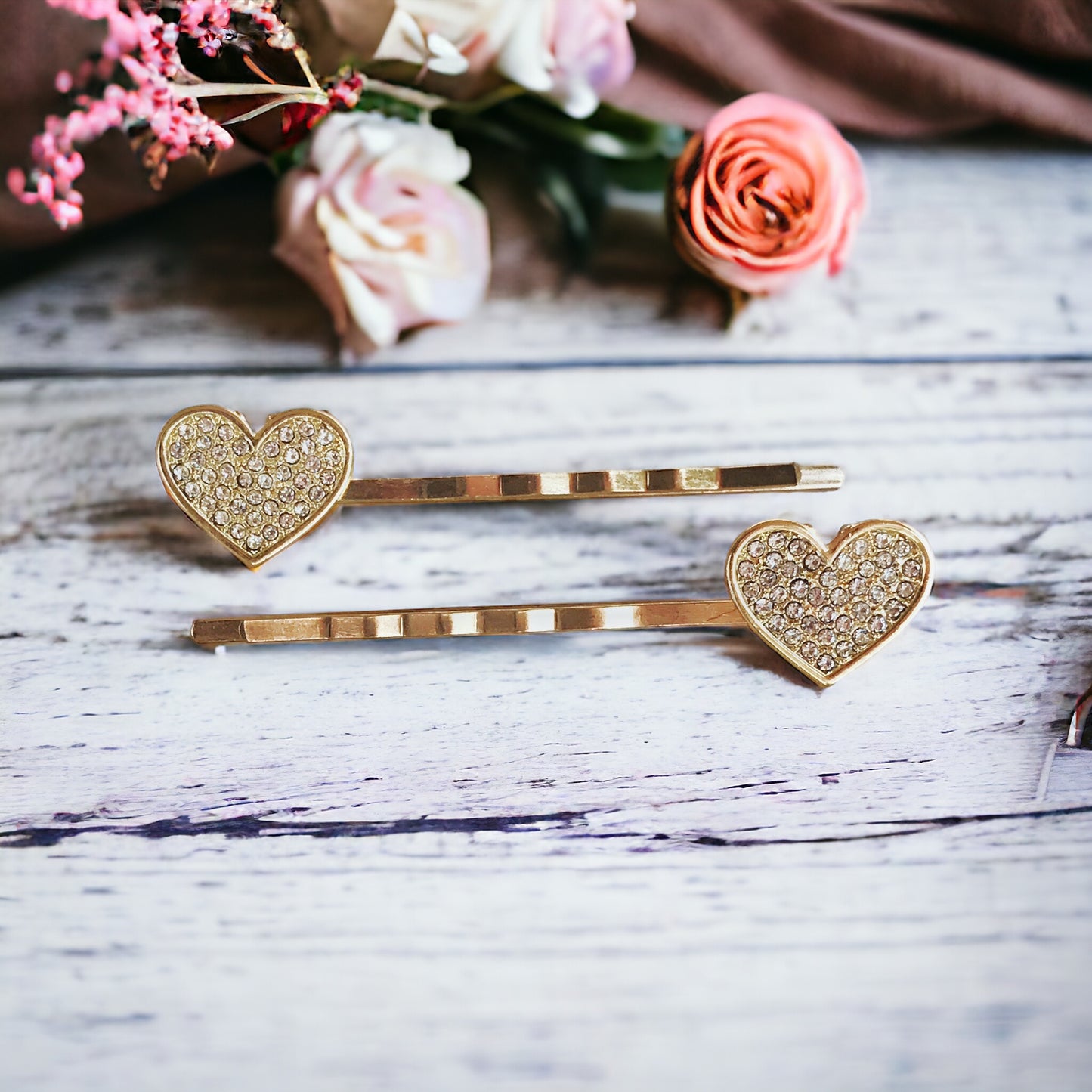 14k Gold-Plated Rhinestone Heart Hair Pin Set - Elegant & Sparkling Accessories