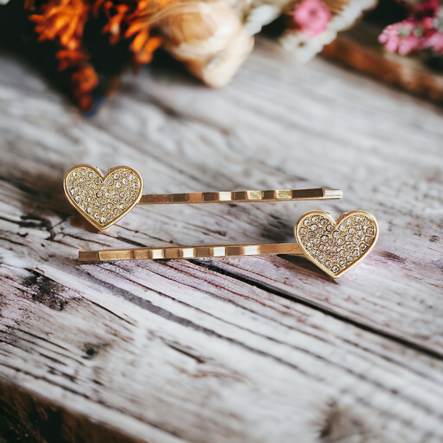 14k Gold-Plated Rhinestone Heart Hair Pin Set - Elegant & Sparkling Accessories