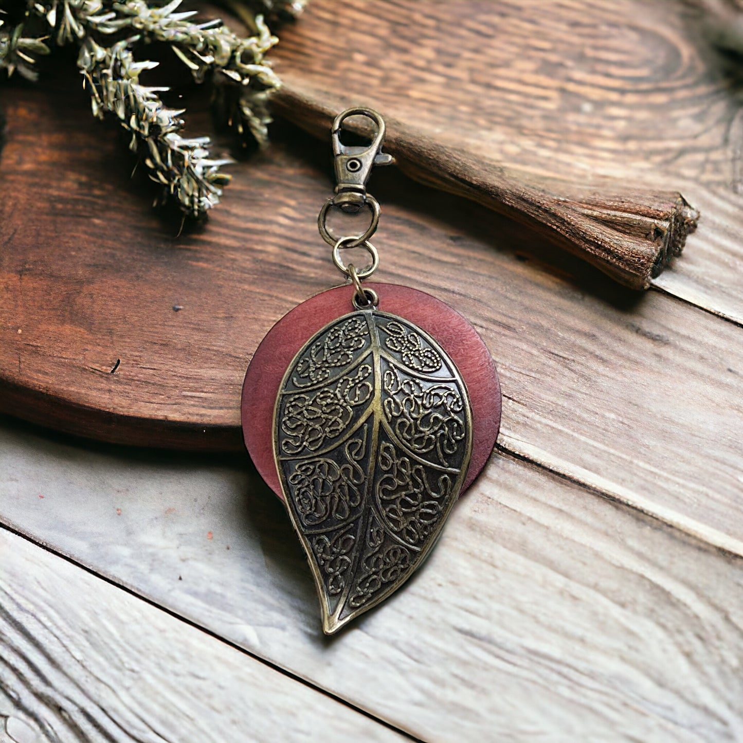 Antiqued Brass Leaf Zipper Pull Keychain & Handbag Charm with Red Wood Accent