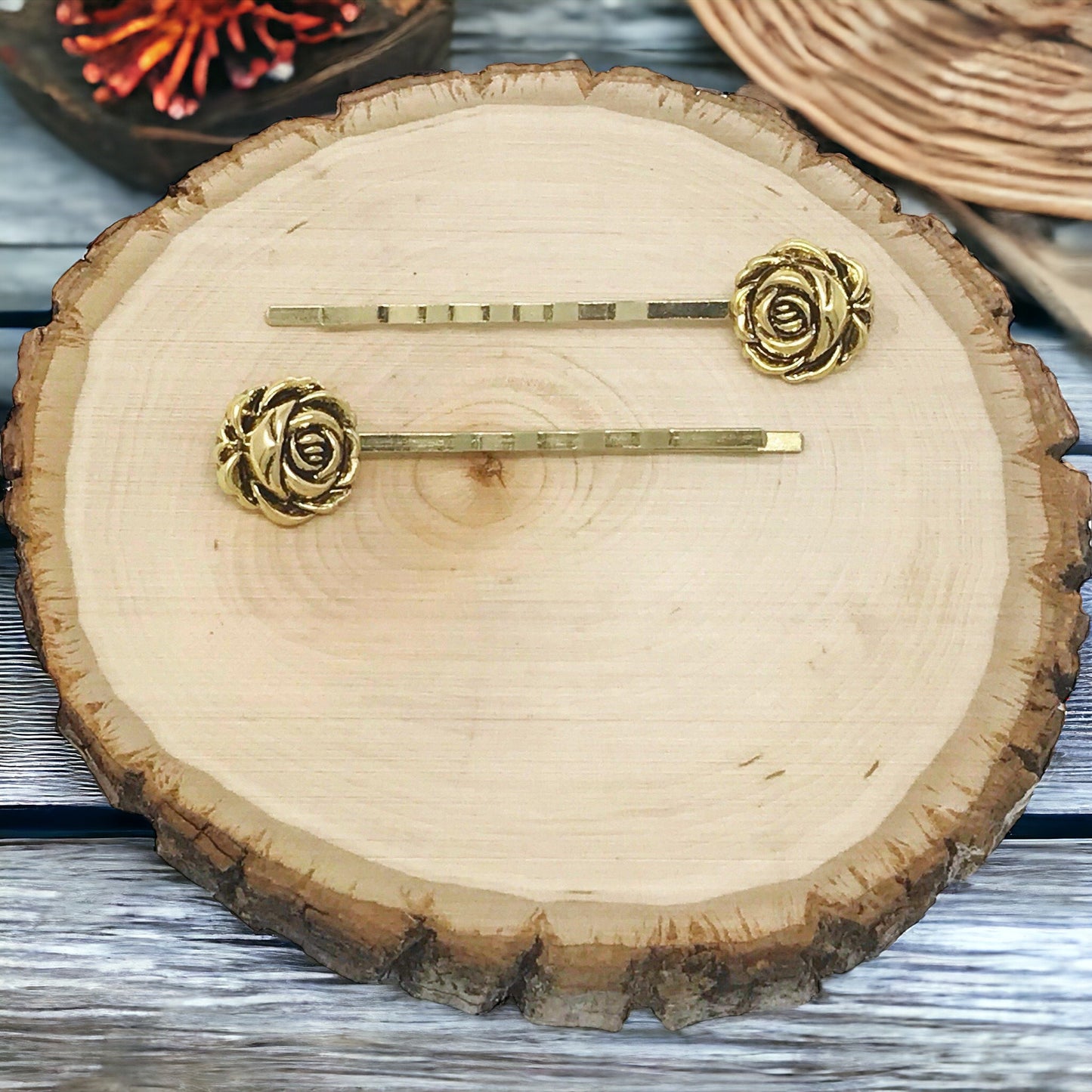 Antiqued Gold Rose Flower Bobby Pins - Elegant Floral Hair Accessories