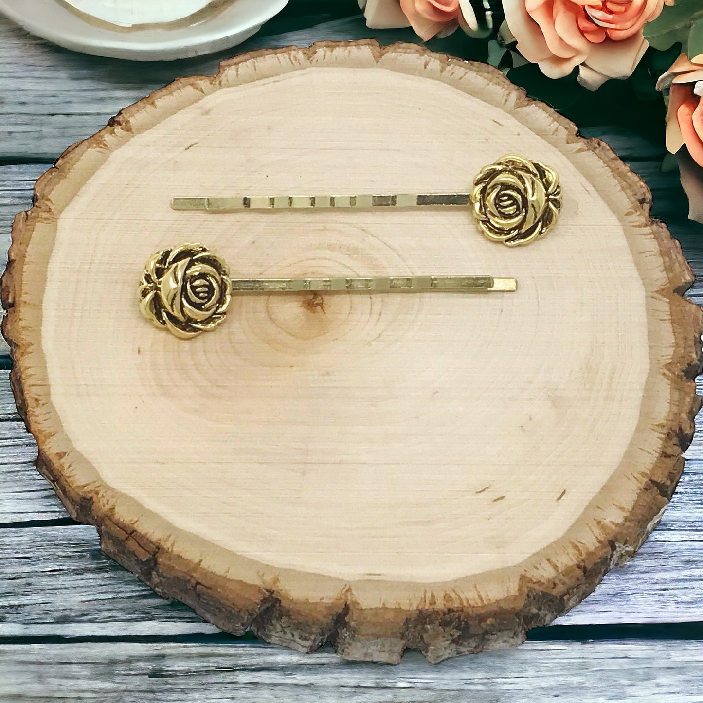 Antiqued Gold Rose Flower Bobby Pins - Elegant Floral Hair Accessories