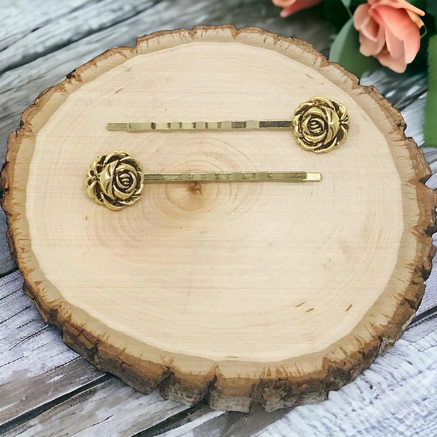 Antiqued Gold Rose Flower Bobby Pins - Elegant Floral Hair Accessories
