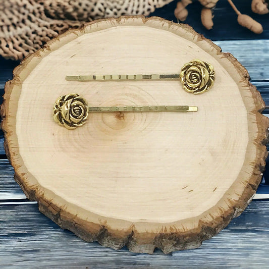 Antiqued Gold Rose Flower Bobby Pins - Elegant Floral Hair Accessories