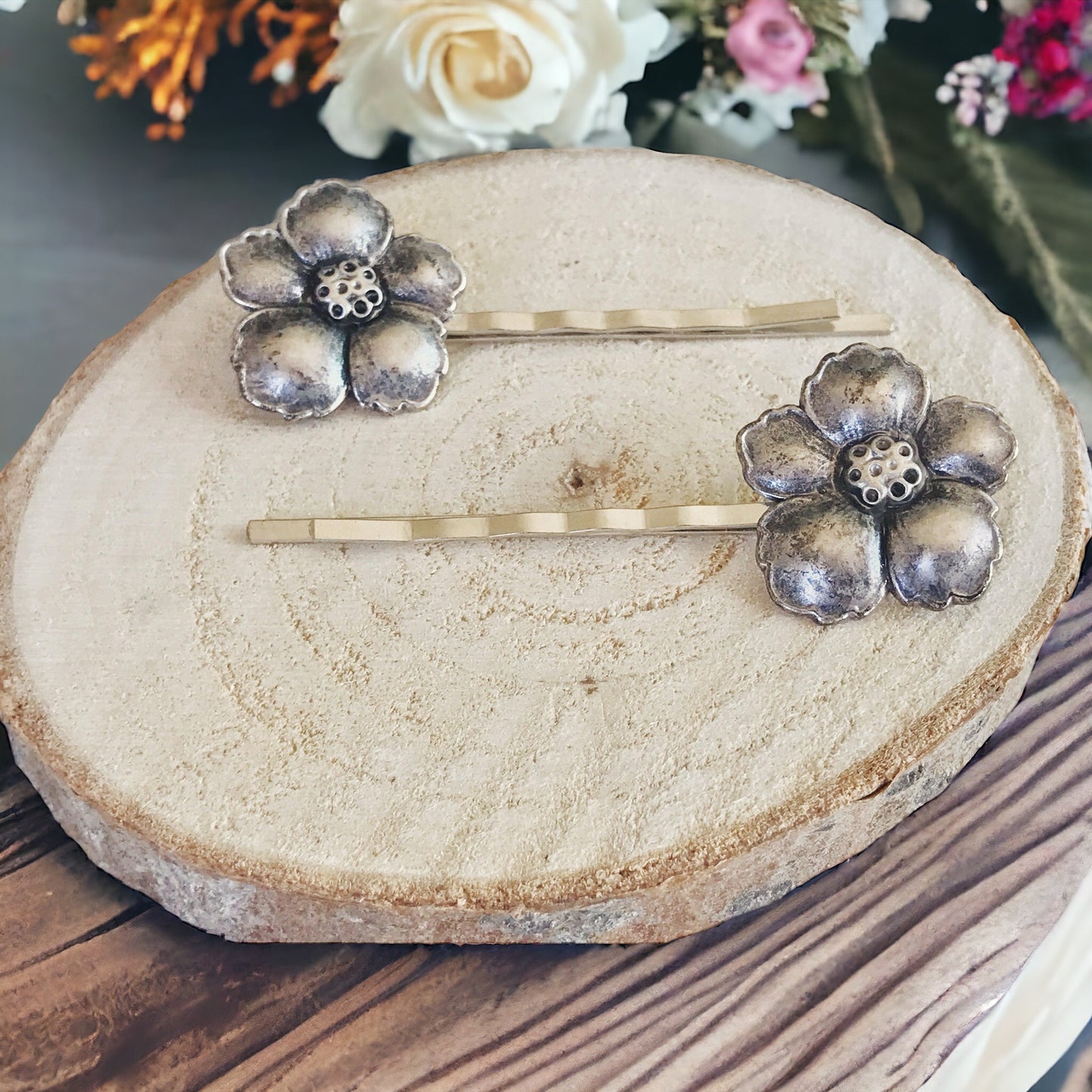 Antiqued Silver Wildflower Hair Pins - Delicate & Elegant Hair Accessories