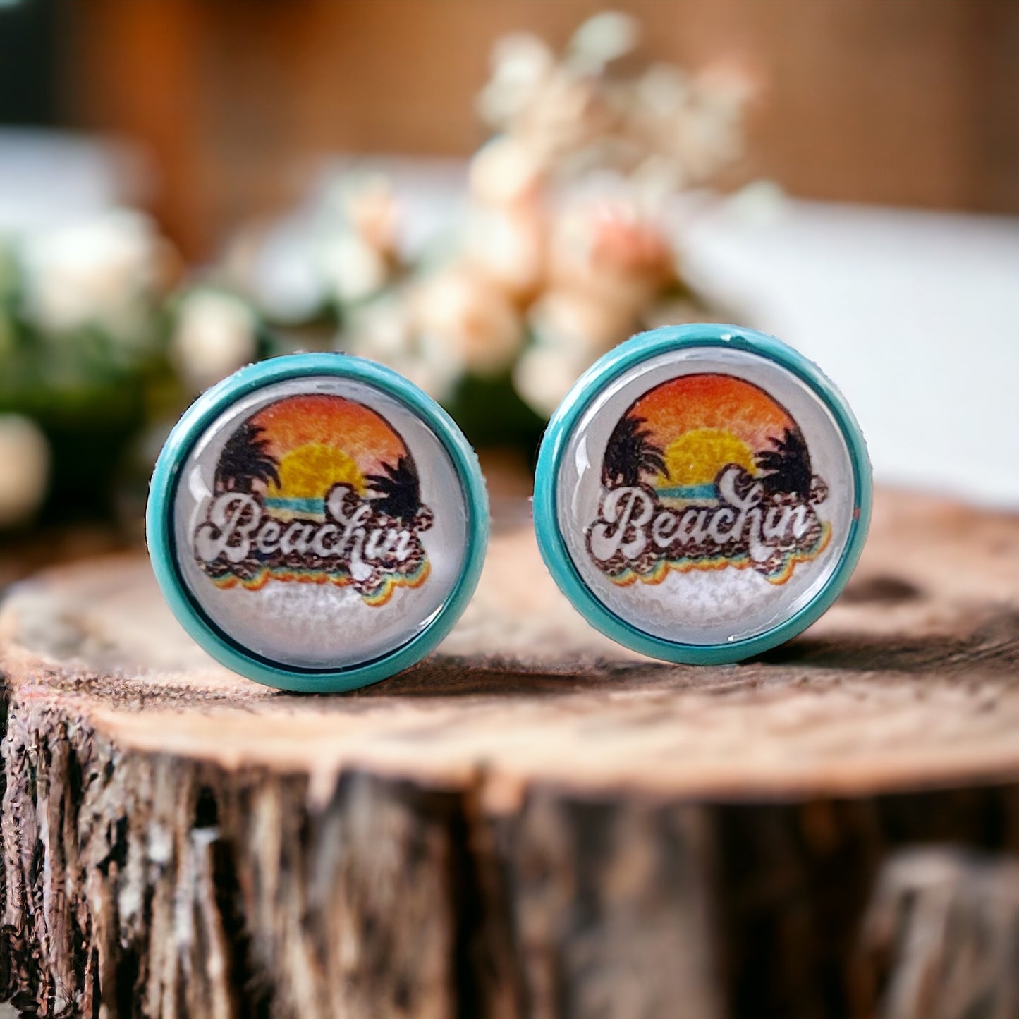 Beachin’ Sunset Stud Earrings – Retro Tropical Summer Jewelry with Teal Trim