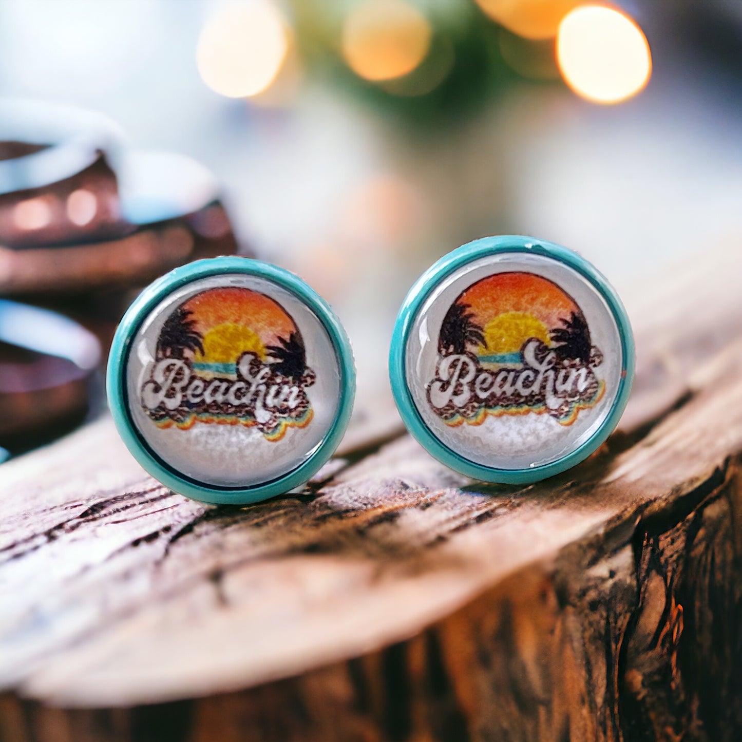 Beachin’ Sunset Stud Earrings – Retro Tropical Summer Jewelry with Teal Trim