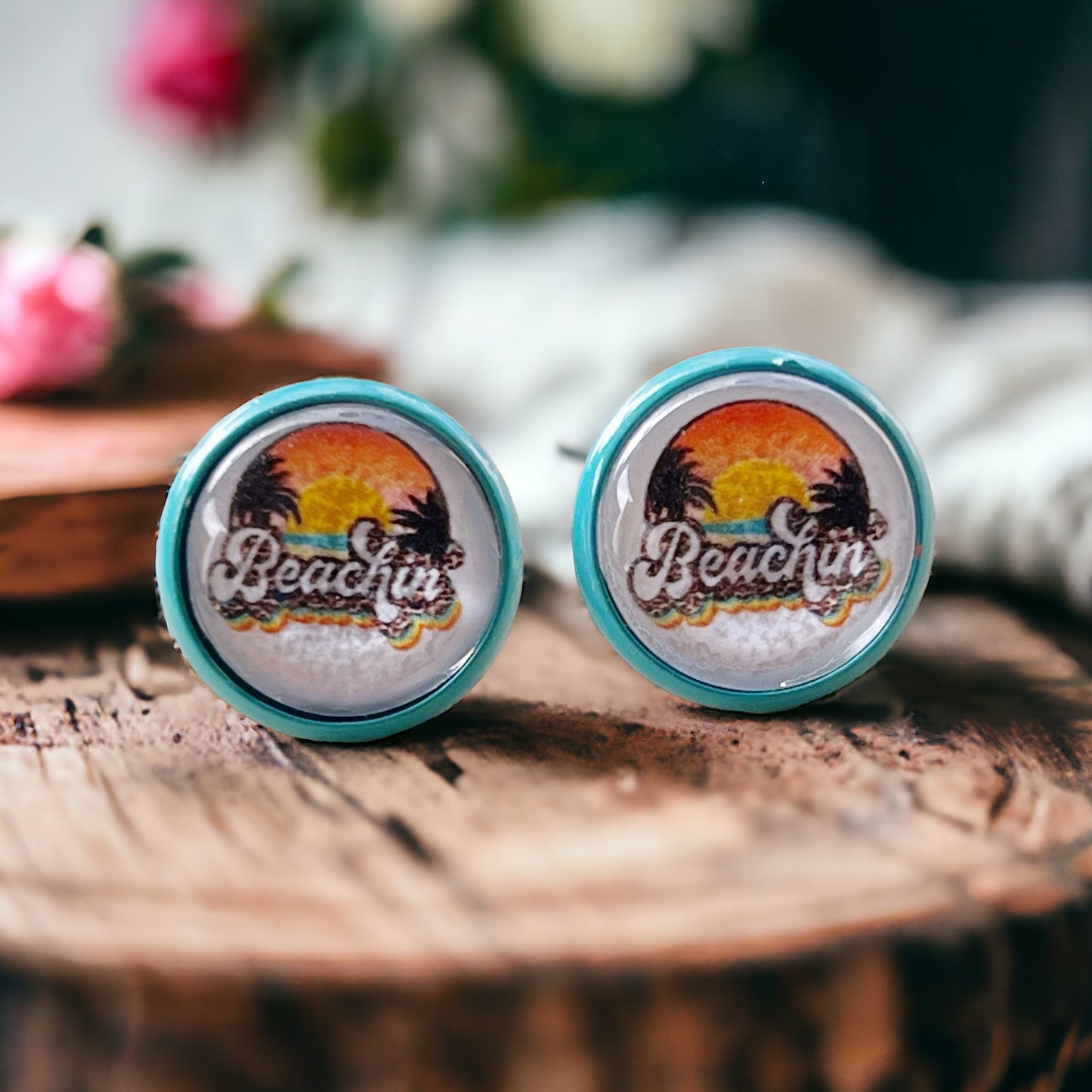 Beachin’ Sunset Stud Earrings – Retro Tropical Summer Jewelry with Teal Trim