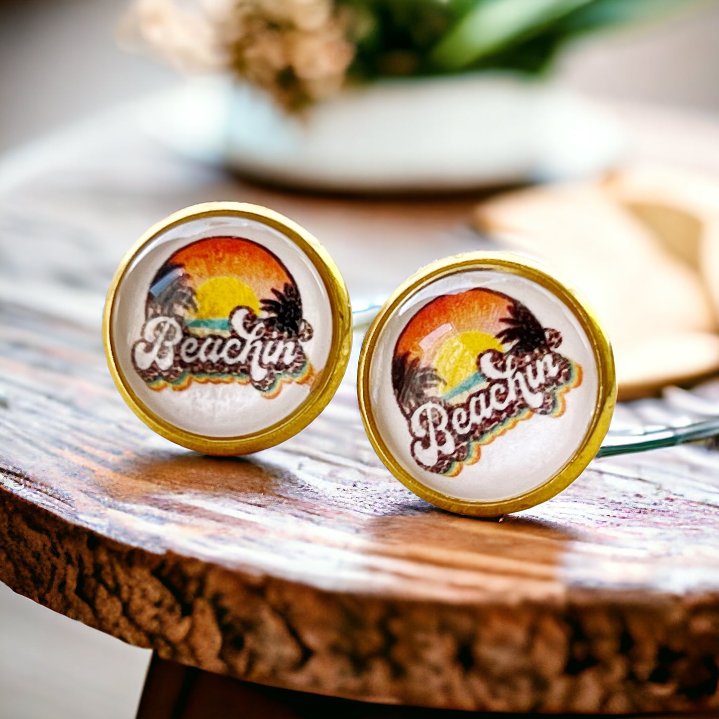 Beachin’ Sunset Stud Earrings – Retro Palm Tree Summer Jewelry with Gold Bezel