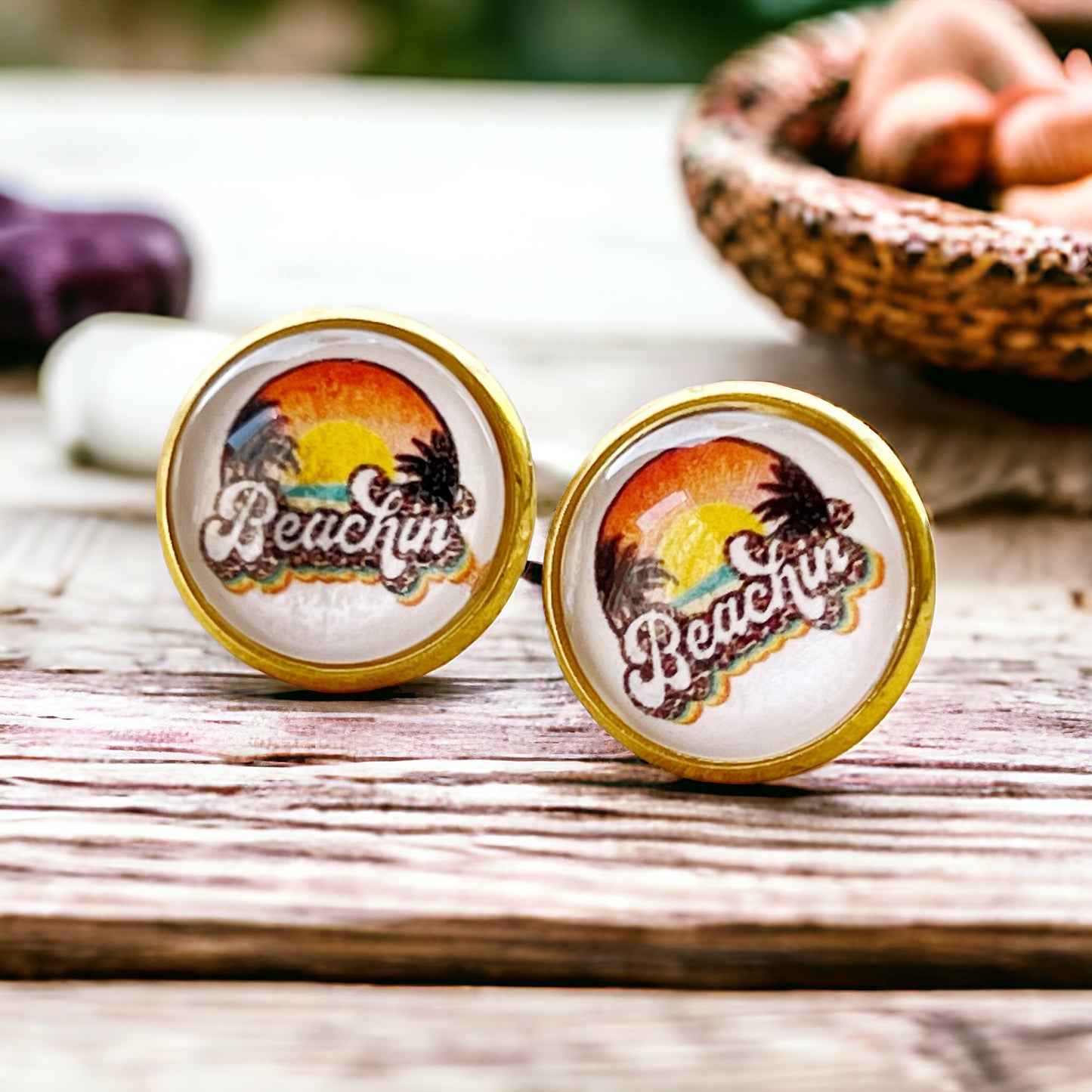 Beachin’ Sunset Stud Earrings – Retro Palm Tree Summer Jewelry with Gold Bezel