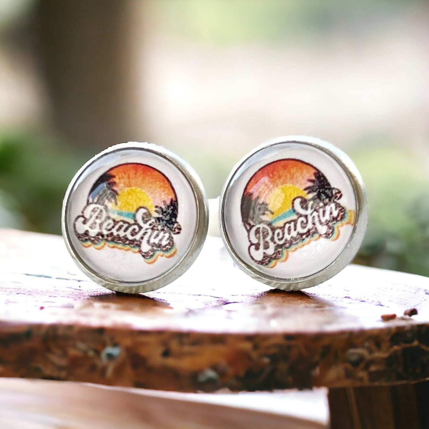 Beachin’ Sunset Stud Earrings – Retro Summer Palm Tree Jewelry in Silver