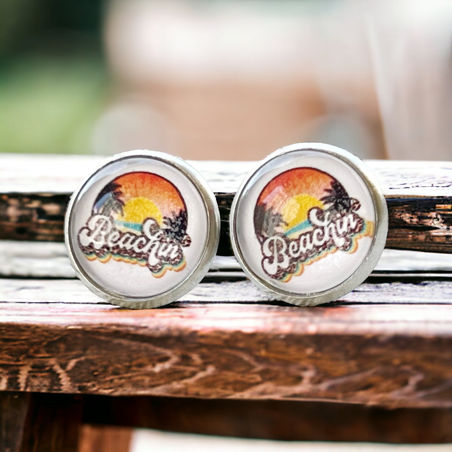 Beachin’ Sunset Stud Earrings – Retro Summer Palm Tree Jewelry in Silver