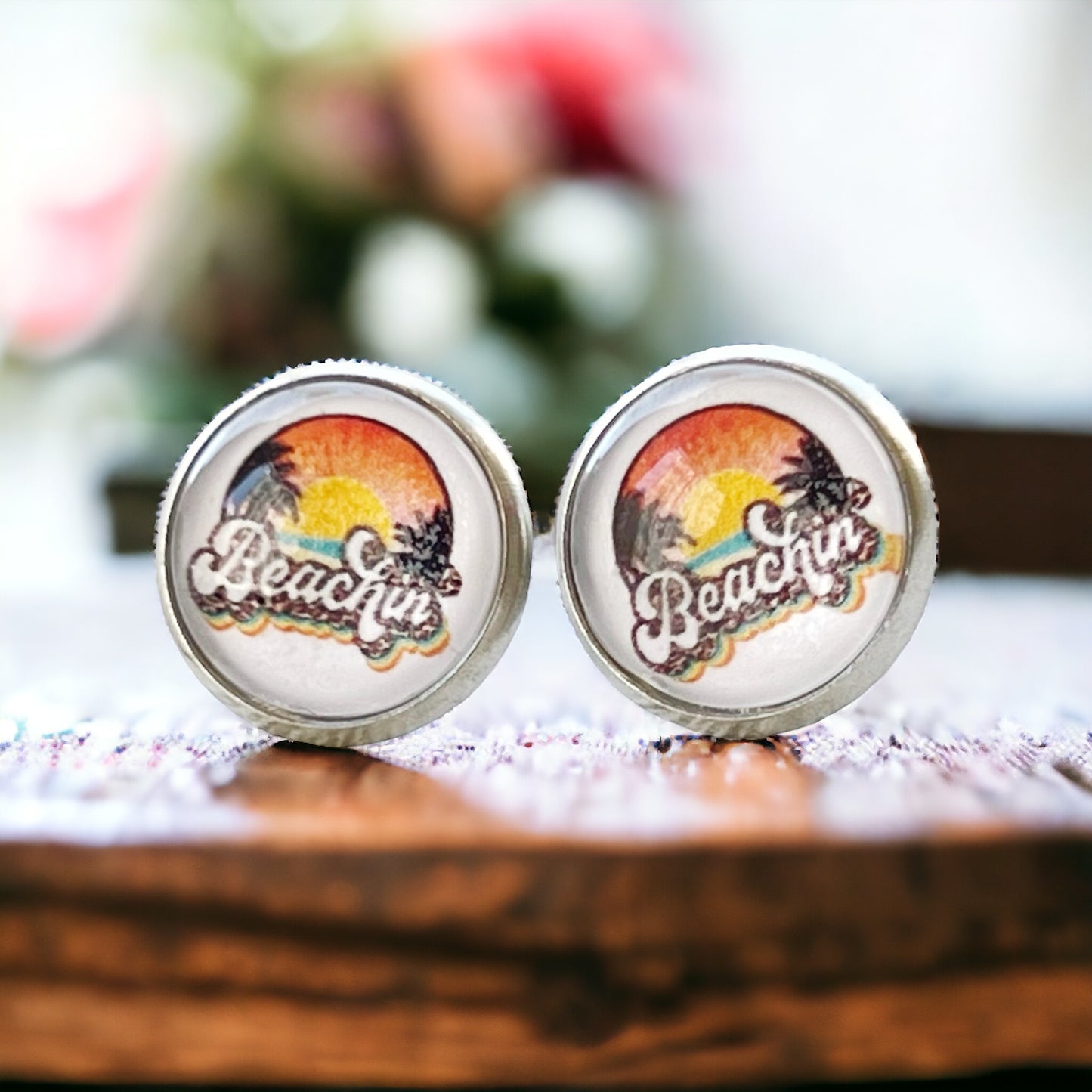 Beachin’ Sunset Stud Earrings – Retro Summer Palm Tree Jewelry in Silver