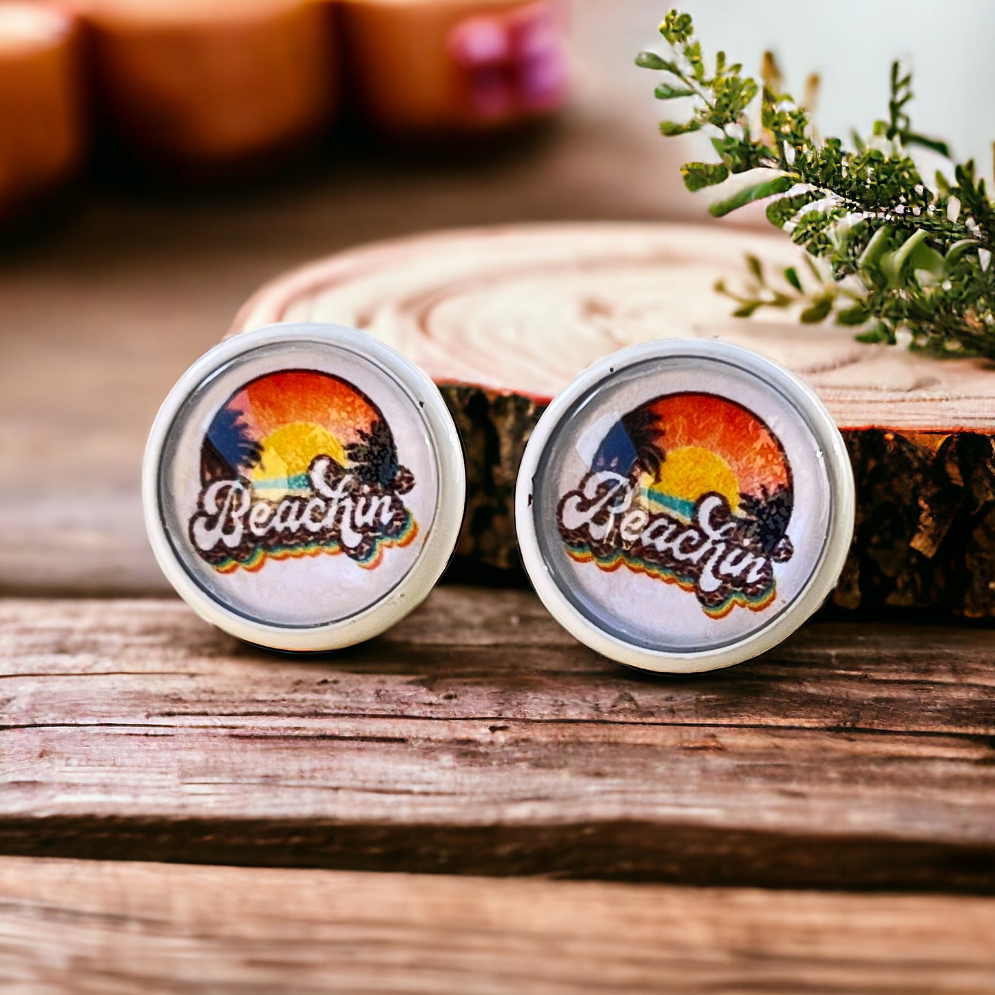 Beachin’ Sunset Stud Earrings – Retro Tropical Summer Jewelry with White Trim