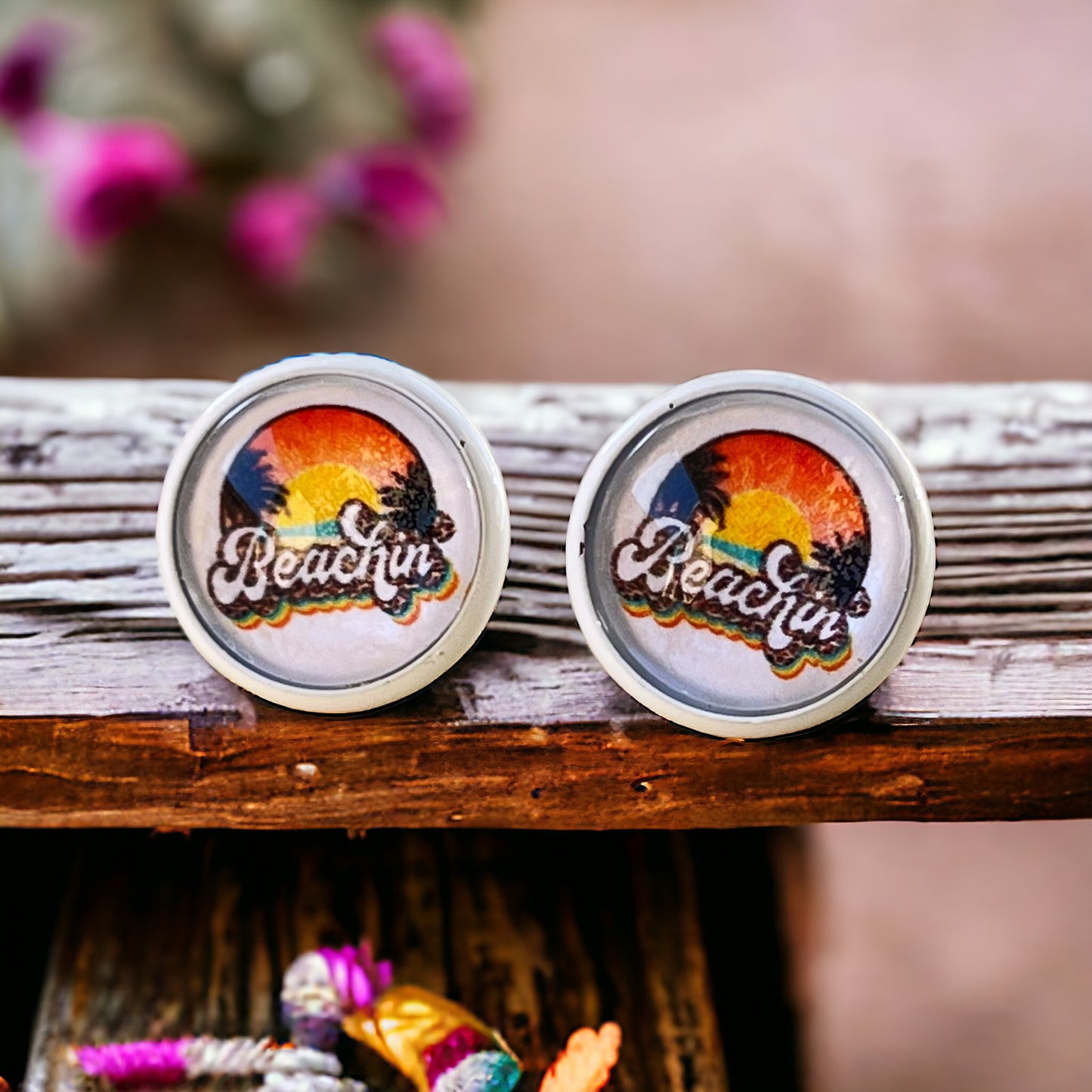 Beachin’ Sunset Stud Earrings – Retro Tropical Summer Jewelry with White Trim