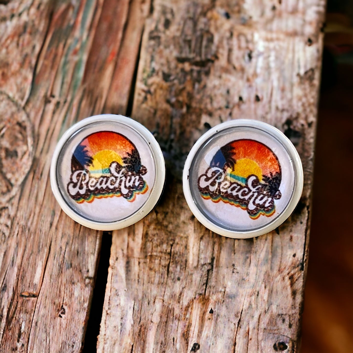 Beachin’ Sunset Stud Earrings – Retro Tropical Summer Jewelry with White Trim