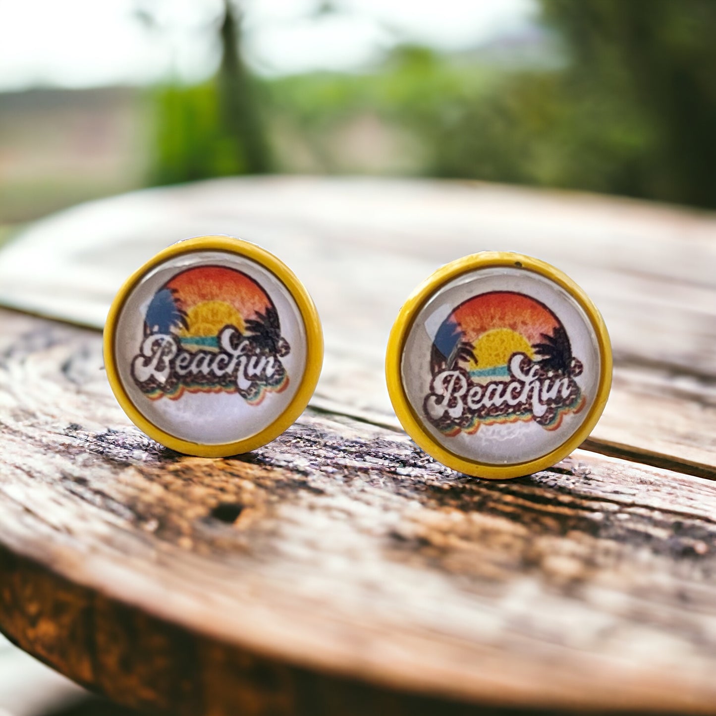 Beachin’ Sunset Stud Earrings – Tropical Retro Summer Jewelry with Yellow