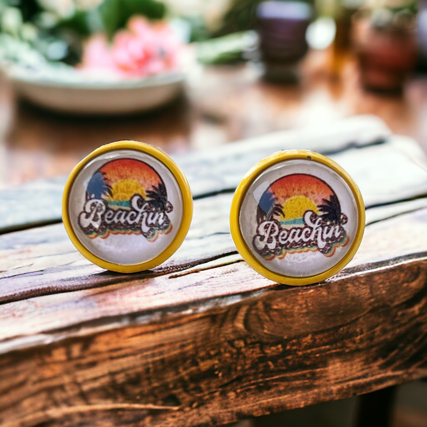 Beachin’ Sunset Stud Earrings – Tropical Retro Summer Jewelry with Yellow