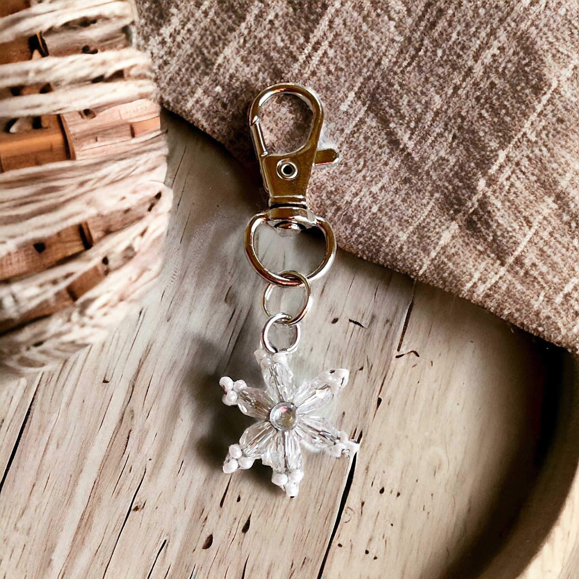Beaded Snowflake with Rhinestone Zipper Pull Keychain & Handbag Charm - Elegant Winter Accessory