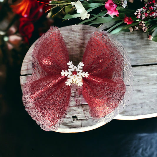 Red Glitter Tulle Hair Bow with Snowflake Embellishment - Festive & Sparkling Hair Accessory