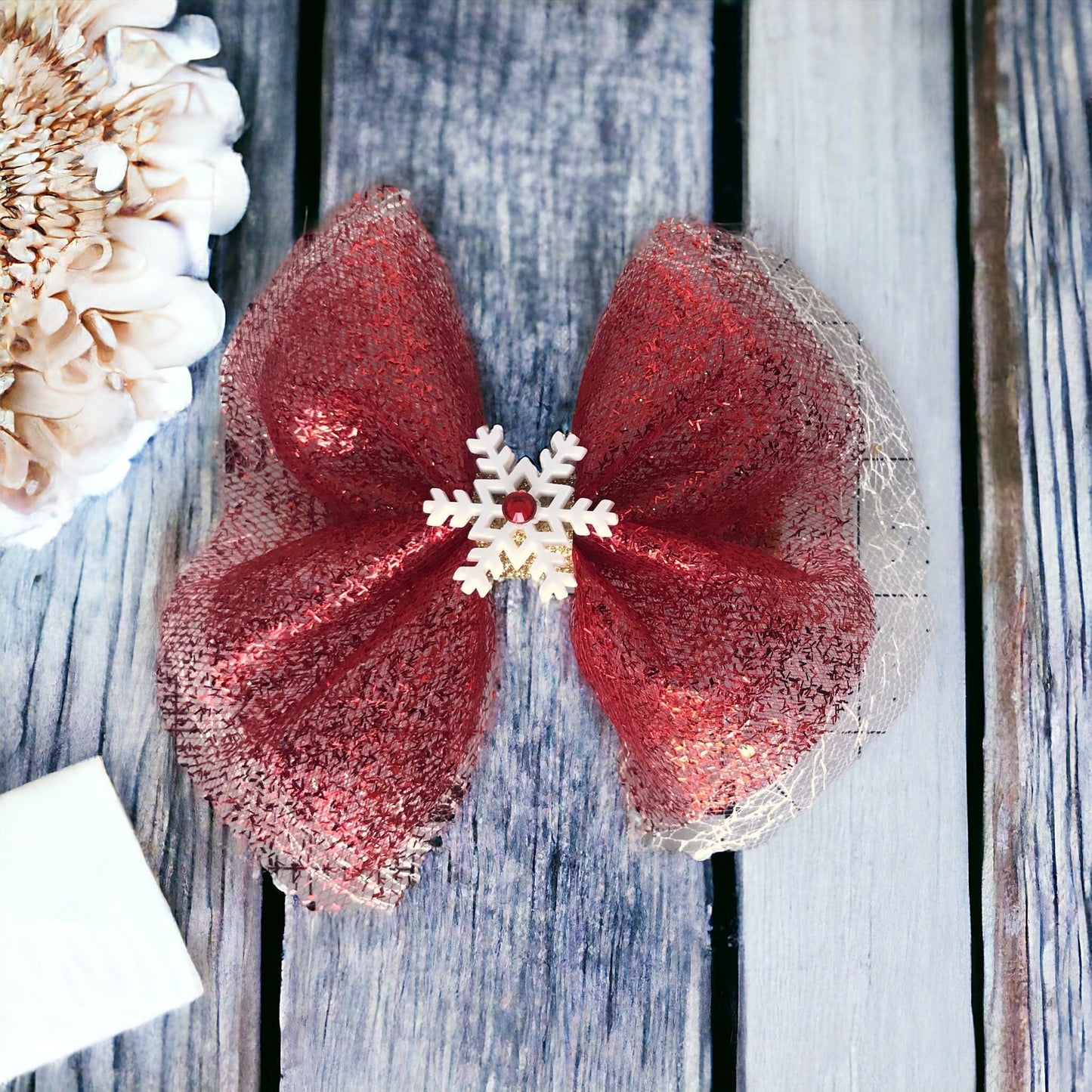Red Glitter Tulle Hair Bow with Snowflake Embellishment - Festive & Sparkling Hair Accessory