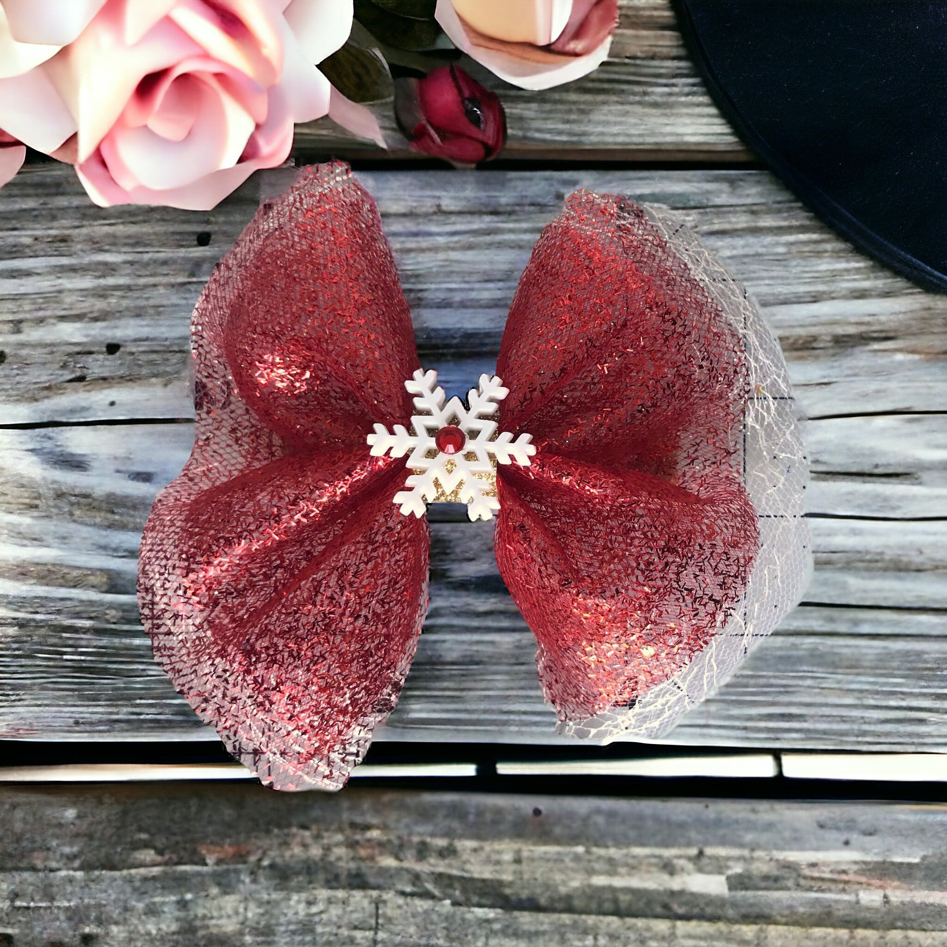 Red Glitter Tulle Hair Bow with Snowflake Embellishment - Festive & Sparkling Hair Accessory