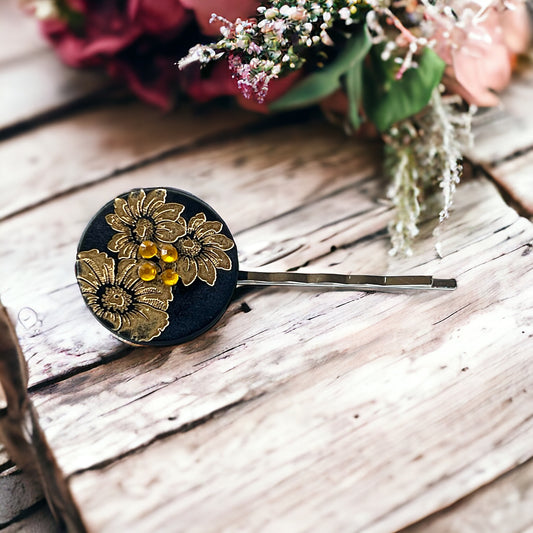 Black & Gold Sunflower Silver Bobby Pin - Elegant Floral Hair Accessory