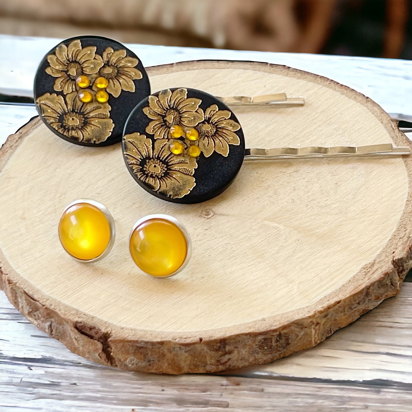 Black & Gold Sunflower Silver Bobby Pin Set with Matching 12mm Earrings - Stylish Floral Accessories