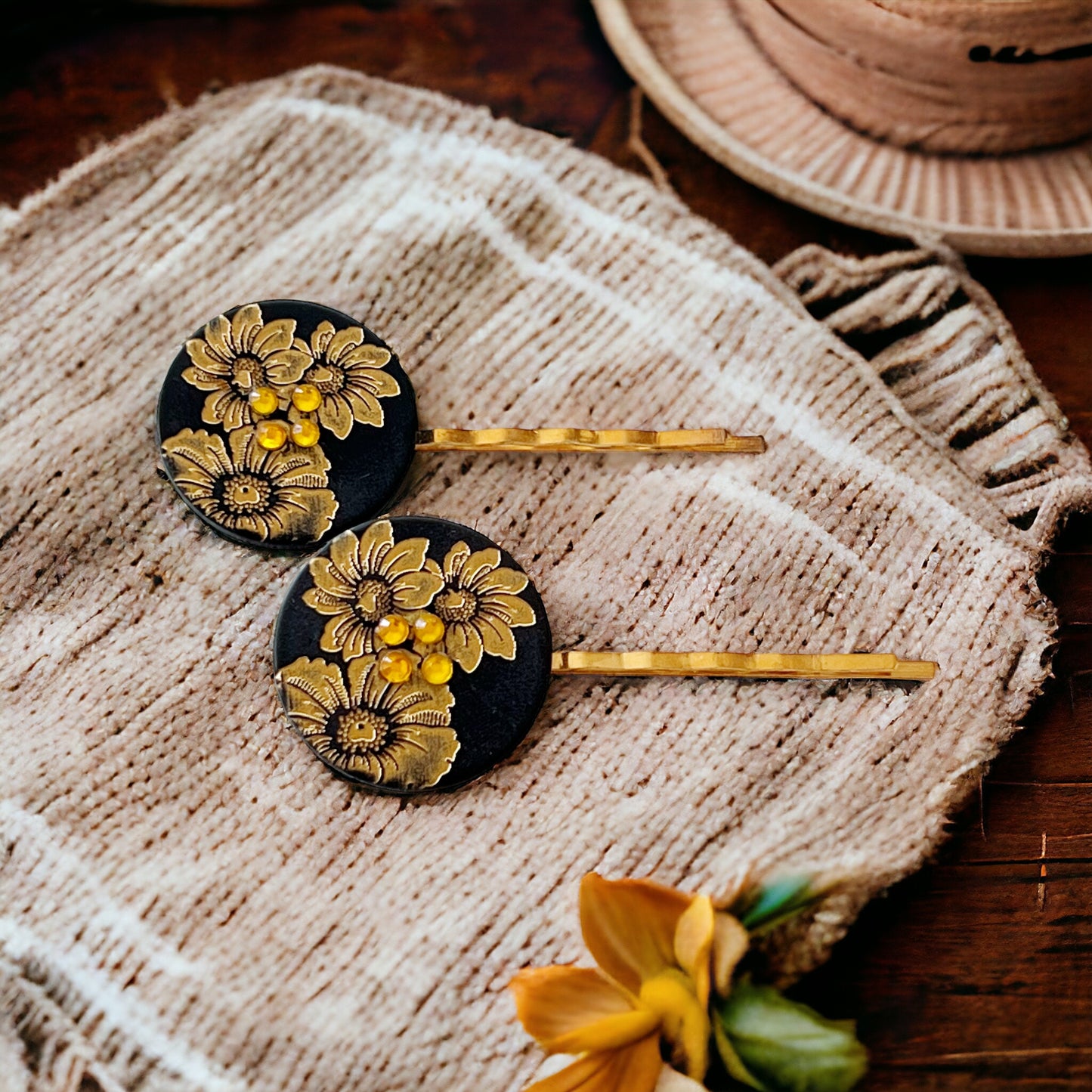 Black & Gold Sunflower Gold Bobby Pin Set- Elegant Floral Hair Accessory