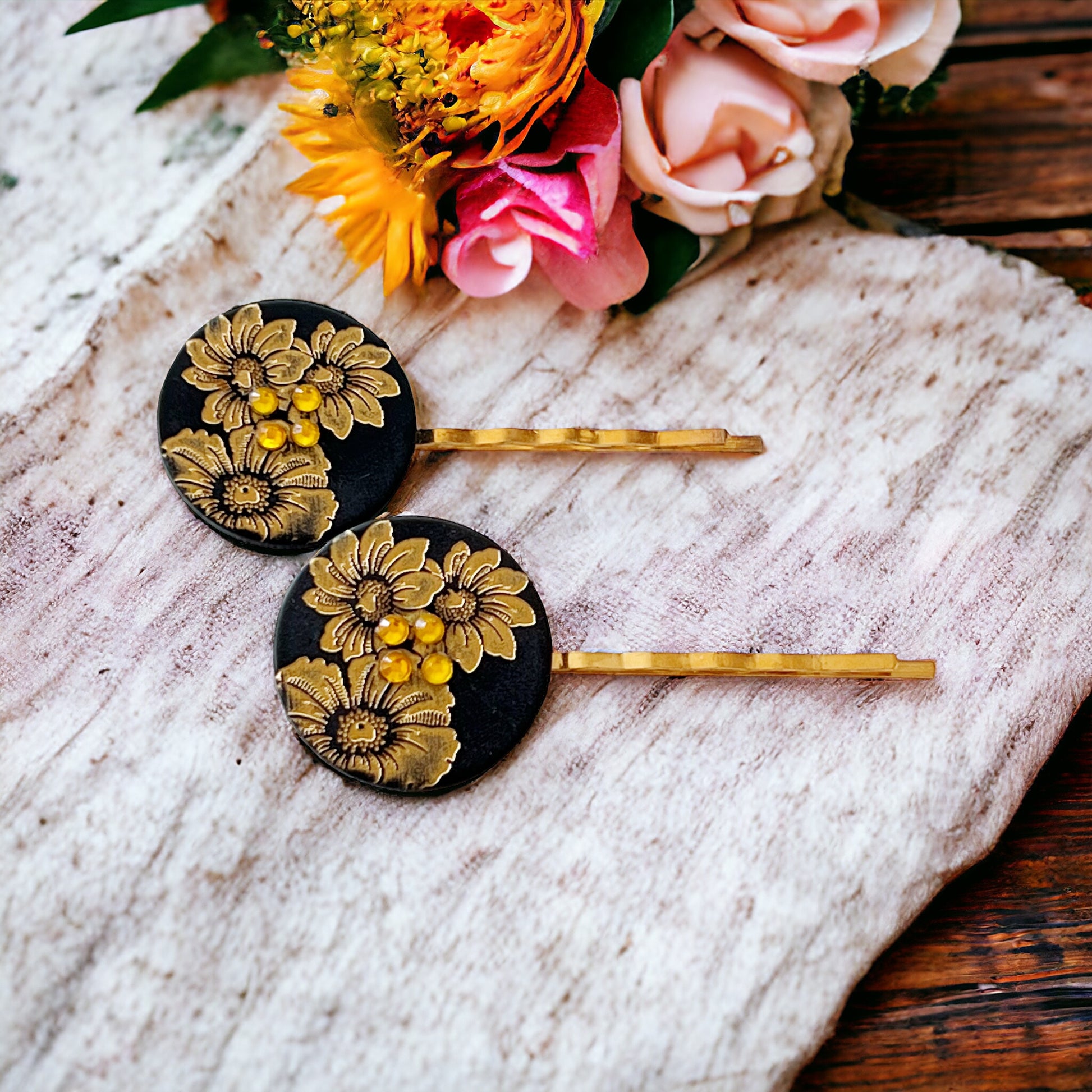 Black & Gold Sunflower Gold Bobby Pin Set- Elegant Floral Hair Accessory