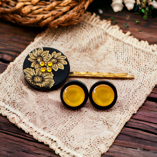 Black & Gold Sunflower Gold Bobby Pin with Matching 12mm Wood Earrings - Stylish Floral Accessories