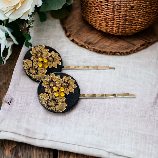Black & Gold Sunflower Silver Bobby Pins Set - Elegant Floral Hair Accessories