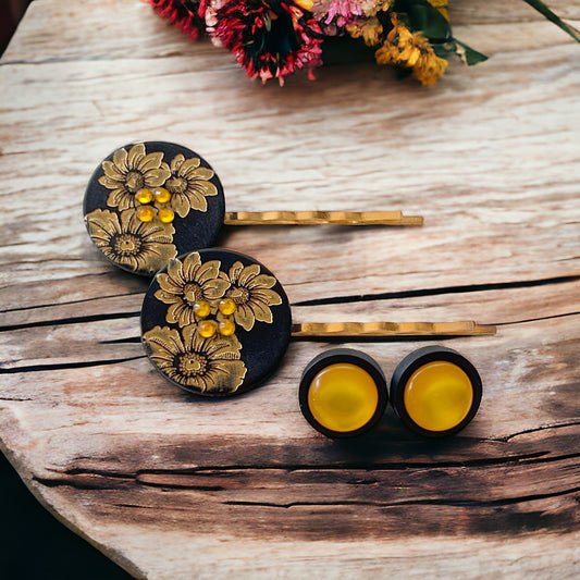 Black & Gold Sunflower Gold Bobby Pins with Matching 12mm Black Wood Earrings - Stylish Floral Accessories