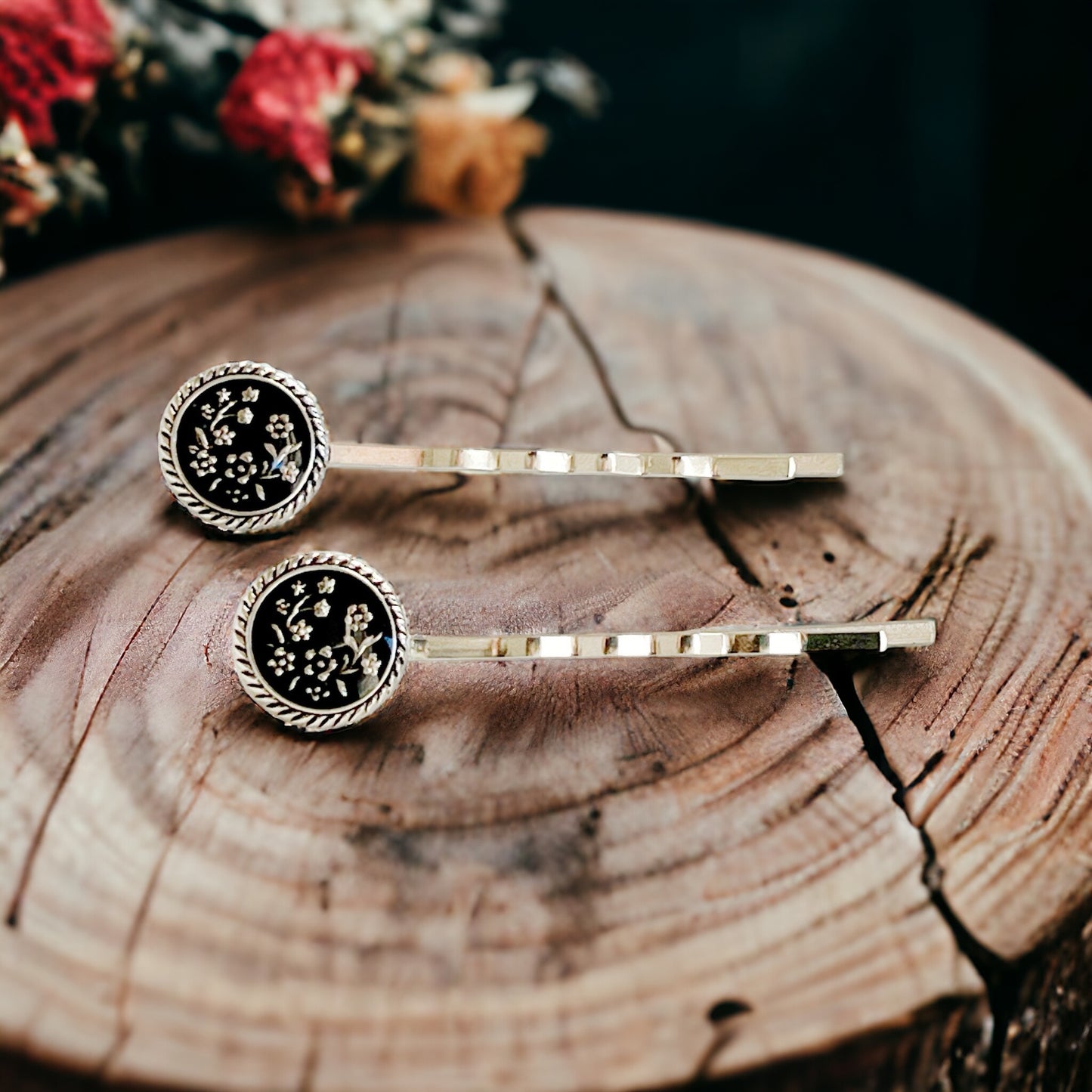 Black & Antiqued Silver Wildflower Hair Pins - Elegant and Versatile Hair Accessories