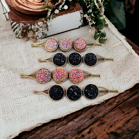 Black & Metallic Pink Druzy Hair Pins Set of 4 - Stylish and Versatile Hair Accessories