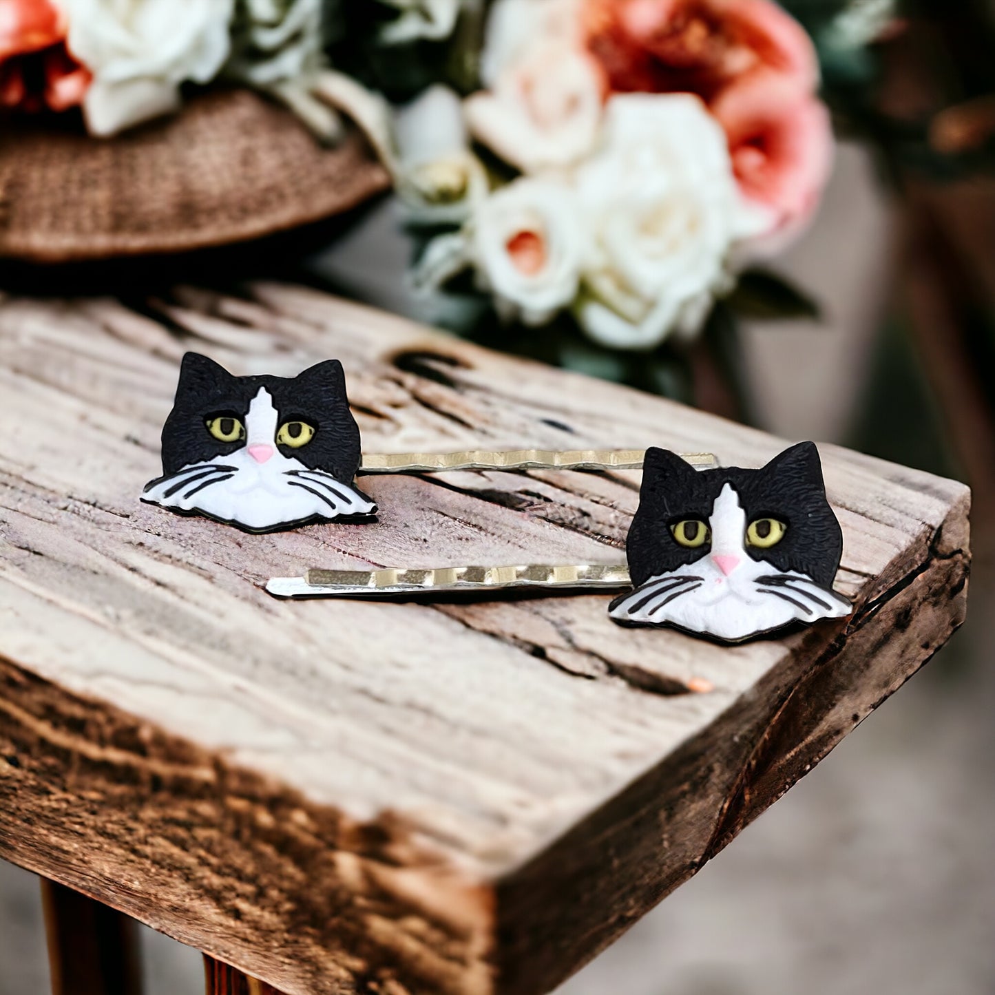 Black & White Cat Hair Pins - Feline-Inspired Accessories