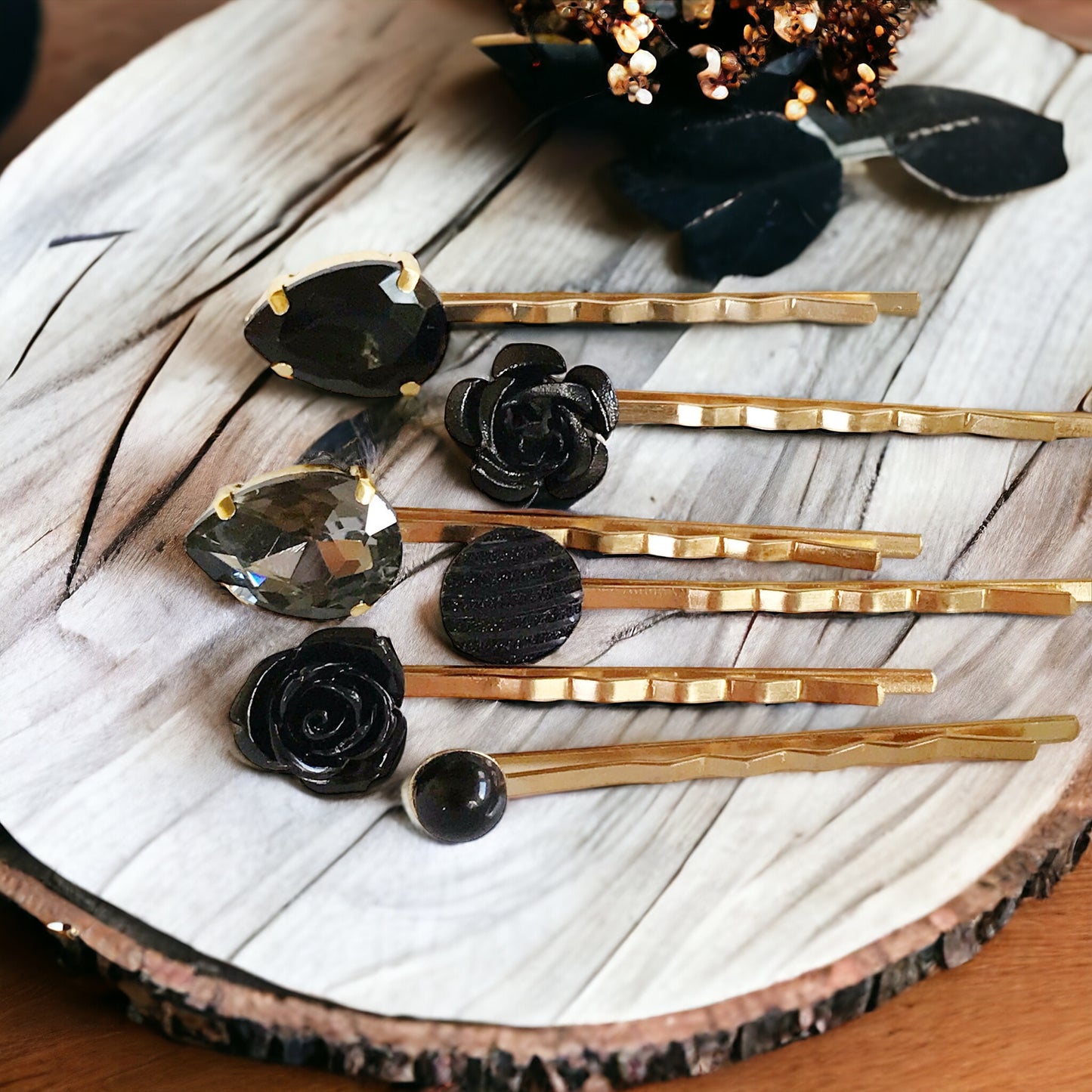 Black & Gold Rhinestone Floral Bobby Pin Set - Elegant Hair Accessories