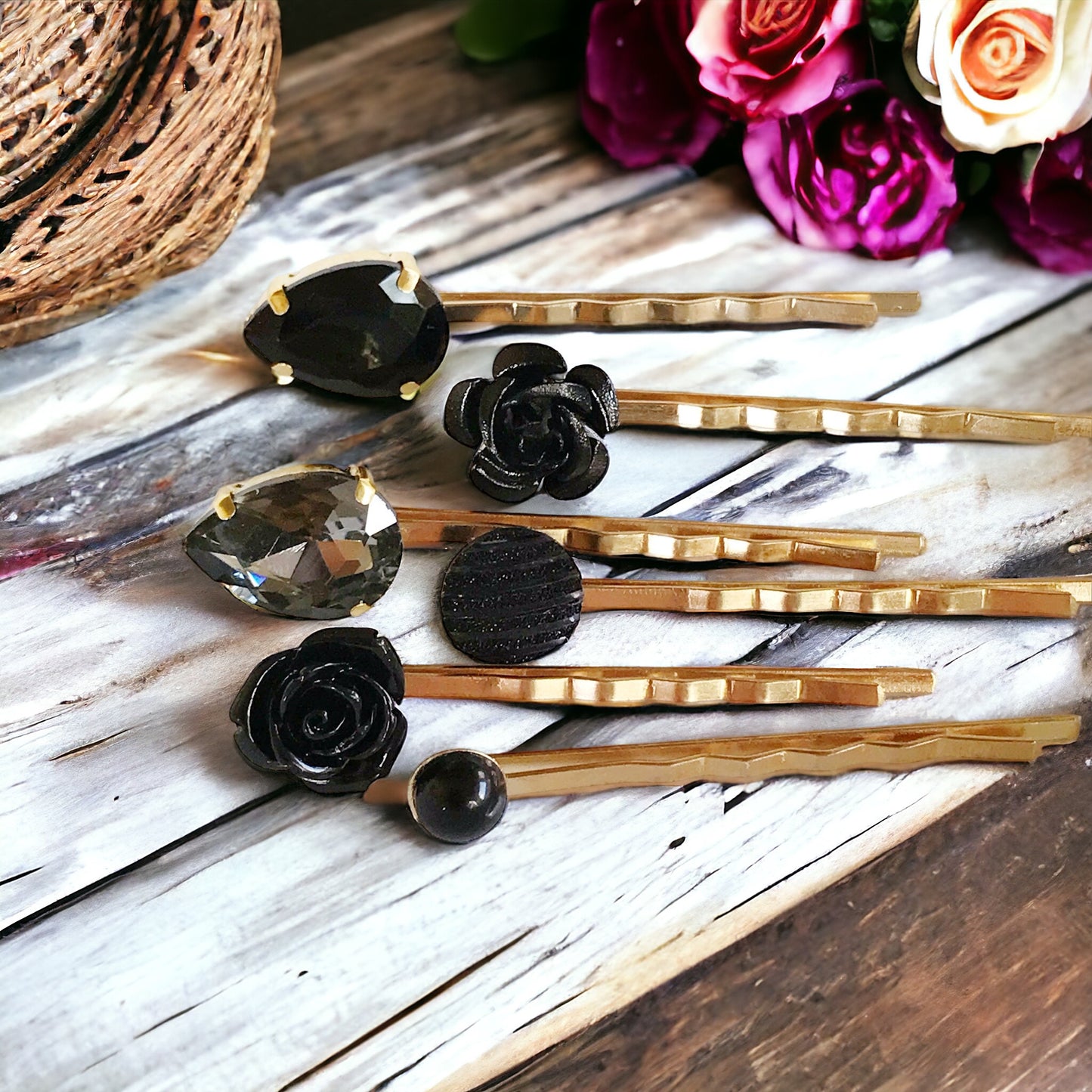 Black & Gold Rhinestone Floral Bobby Pin Set - Elegant Hair Accessories