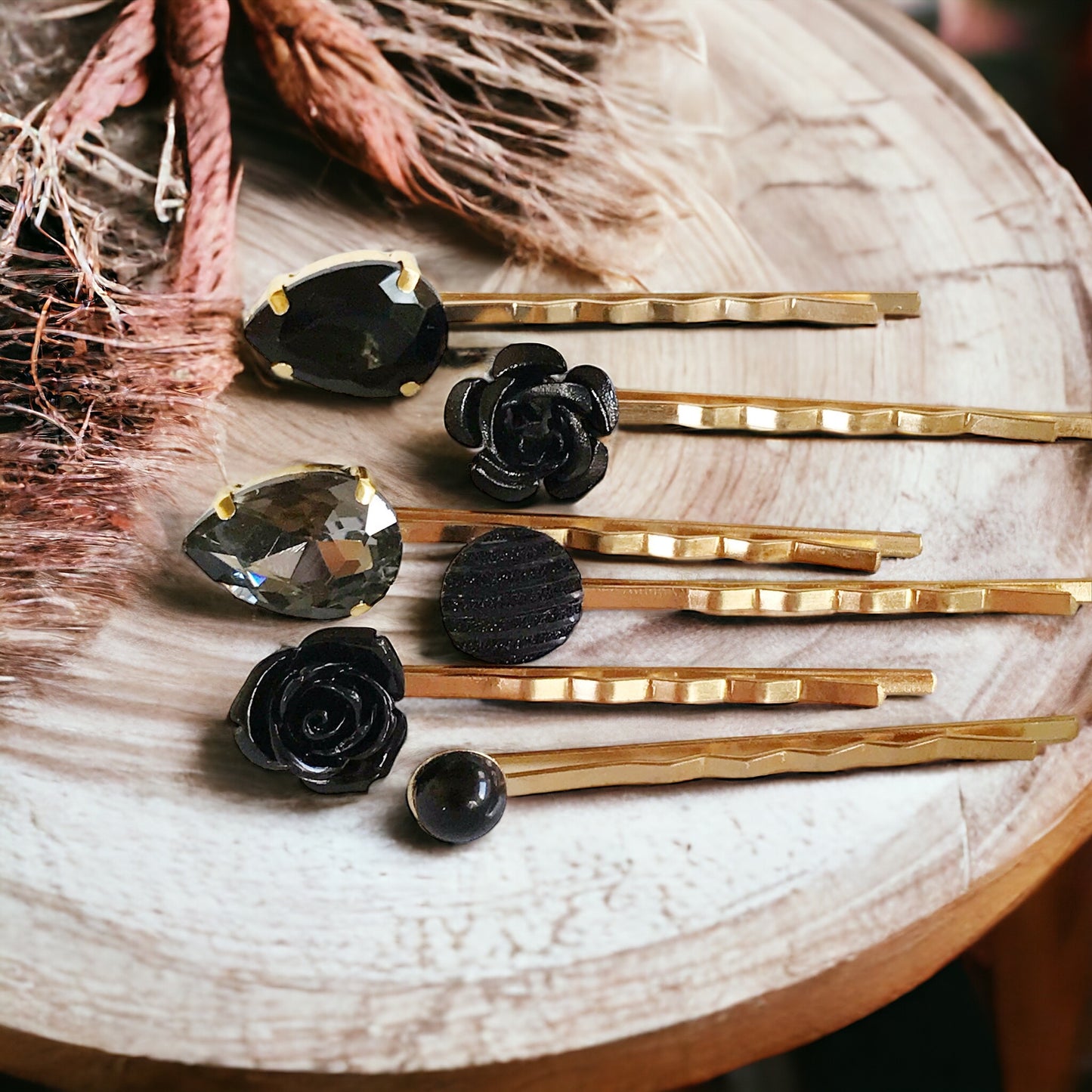 Black & Gold Rhinestone Floral Bobby Pin Set - Elegant Hair Accessories