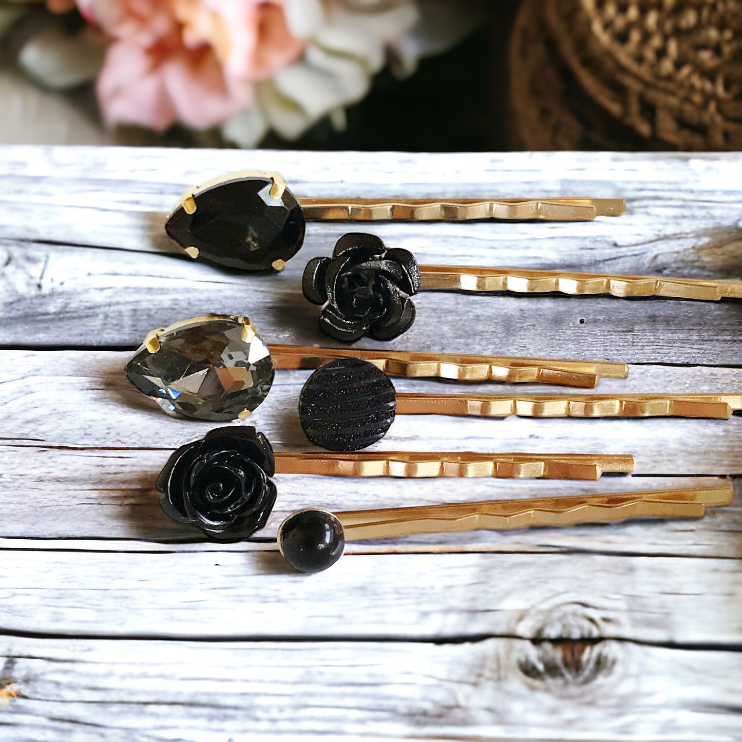 Black & Gold Rhinestone Floral Bobby Pin Set - Elegant Hair Accessories